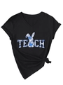 Detail of V-neck black T-shirt featuring blue floral TEACH print and rabbit graphic - S / Black