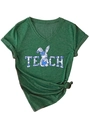 Detail of V-neck dark green T-shirt featuring TEACH text and blue floral rabbit silhouette - S / Vintage Green
