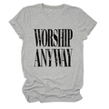 Detail of fixed cuffed sleeves and vintage texture on gray Worship Anyway t-shirt - S / Light Grey (Black Text)