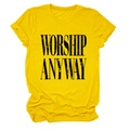 Detail of WORSHIP ANYWAY bold black lettering on a yellow crew neck cotton t-shirt - S / Yellow (Black Text)