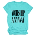 Flat lay of mint green cotton t-shirt with black WORSHIP ANYWAY vintage print - S / Deep Water Blue (Black Text)