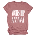 Detail of dusty pink T-shirt featuring vintage white WORSHIP ANYWAY print and rolled sleeves - S / Rose Gold (White Text)