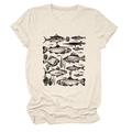 Détail de l'imprimé poissons et algues vintage sur t-shirt crème à col rond en coton - S / Sable (Impression Noire)