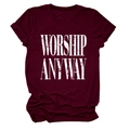 Detail of burgundy T-shirt with distressed white Worship Anyway slogan and rolled sleeves - S / Wine Red (White Text)