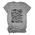 Détail d'un t-shirt gris à col rond avec des imprimés de croquis de poissons vintage - S / Gris Foncé (Impression Noire)
