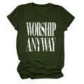 Detail of olive green t-shirt showing the vintage Worship Anyway graphic print - S / Army Green (White Text)
