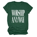 Detail of the distressed white letters WORSHIP ANYWAY on a dark green cotton blend T-shirt - S / Retro Green (White Text)