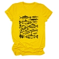 Detail of vintage hand-drawn fish illustrations on a yellow crew neck cotton T-shirt - Yellow (Black Print)