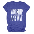 Detail of Heather Blue short sleeve T-shirt with vintage white Worship Anyway graphic - S / Retro Blue (White Text)