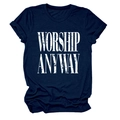 Detail of vintage cracked Worship Anyway print on navy blue short sleeve t-shirt - S / Navy Blue (White Text)
