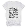 Close-up of vintage fish illustrations and coral patterns on white cotton t-shirt - White (Black Print)