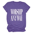 Close-up of purple t-shirt featuring vintage white WORSHIP ANYWAY slogan and soft fabric - S / Purple (White Text)