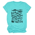 Detail of screen-printed fish and seaweed illustration on turquoise cotton T-shirt - Deep Water Blue (Black Print)