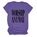 Detail of purple cotton T-shirt featuring vintage distressed Worship Anyway lettering - S / Purple (Black Text)