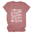 Detail of soft dusty rose T-shirt fabric featuring white artistic fish and seaweed prints - Rose Gold (White Print)