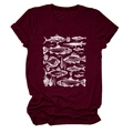 Close-up of hand-drawn fish and coral prints on a maroon cotton crewneck t-shirt - Wine Red (White Print)