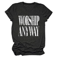 Detail of WORSHIP ANYWAY slogan print on charcoal grey cotton t-shirt with rolled sleeves - S / Black (White Text)