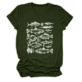 Detail of soft dark green T-shirt fabric with white fish and seaweed illustration - Army Green (White Print)