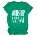 Detail of green crew neck T-shirt featuring white distressed WORSHIP ANYWAY text print - S / Ink Green (White Text)