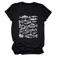 Detail of fish and coral botanical screen print on black cotton crewneck t-shirt - Black (White Print)