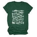 Detail of roll-up sleeves and white hand-drawn fish pattern on a dark green t-shirt - Vintage Green (White Print)
