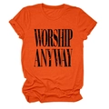 Detail of rolled sleeves and vintage WORSHIP ANYWAY print on bright orange cotton T-shirt - S / Orange (Black Text)