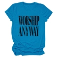 Flat lay of a bright blue cotton T-shirt featuring WORSHIP ANYWAY distressed print - S / Lake Blue (Black Text)