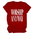 Close-up of WORSHIP ANYWAY print on dark red vintage cotton t-shirt with rolled sleeves - S / Red (White Text)