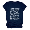 Detail of vintage hand-drawn fish and coral print on navy blue cotton crewneck t-shirt - Navy Blue (White Print)