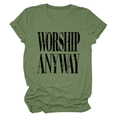 Detail of rolled sleeves and distressed WORSHIP ANYWAY print on olive green t-shirt - S / Olive Green (Black Text)