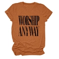 Close-up of caramel cotton T-shirt with black distressed WORSHIP ANYWAY print and rolled sleeves - S / Burnt Orange (Black Text)
