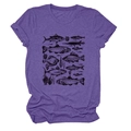 Detailed close-up of fish and coral illustration on a purple heather cotton T-shirt - Purple (Black Print)