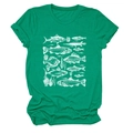 Women's green crew neck T-shirt with white school of fish and coral reef line art print - Dark Green (White Print)