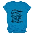 Detailed view of hand-drawn fish and seagrass print on a blue cotton short sleeve t-shirt - Lake Blue (Black Print)