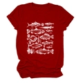 Close-up of hand-drawn fish and coral print on burgundy crew neck cotton T-shirt - Red (White Print)