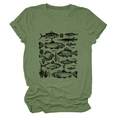 Detailed view of vintage fish sketches printed on a sage green round neck t-shirt - S / Olive Green (Black Print)