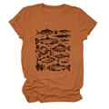 Detail of vintage fish group illustration printed on a coral red heathered T-shirt - S / Burnt Orange (Black Print)