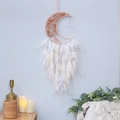 Pink crescent moon dream catcher with tree of life crystal and white feathers hanging - Pink Moon Tree Of Life Feather