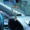 Handmade Tree of Life car charm with brown crystals and copper wire in a gold ring - Multicolor Mixed Natural Stone Style