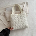 Quilted heart pattern tote bag in cream white with gold snap button for women - White