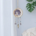 Detailed view of handmade Tree of Life suncatcher with purple crystals and gold wire mesh - Immortal Aspect Tree Car Hanging