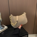 Beige faux crocodile skin handbag with stylish gold chain strap and textured finish - Khaki