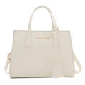 Cream white crossbody tote bag in smooth faux leather with gold fashion lettering - White