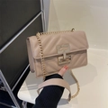 Beige quilted crossbody bag with golden chain strap and rectangular metal clasp - Khaki