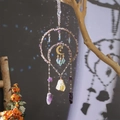 Handmade amethyst suncatcher with golden moon and hanging raw crystal stones - Confession Suncatcher (Purple And Yellow Raw Stones Style)