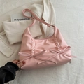 Pale pink crescent shoulder bag with ribbon details and soft pleated PU leather texture - Pink