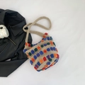 Bohemian knit tote bag in beige with colorful 3D pom-poms and matching shoulder strap - Khaki