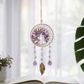 Handmade tree of life crystal suncatcher with purple amethyst chips and gold ring - Purple (Amethyst)