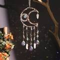 Handmade crescent moon suncatcher with colorful crystals and butterfly charms for window decor - Sun Moon Radiance