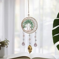 Handmade tree of life crystal moon pendant with green stones and purple beads - Green (Aventurine)